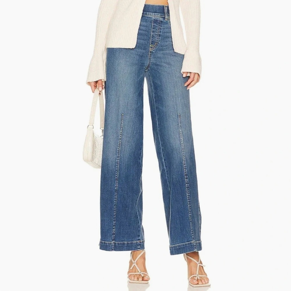 Spanx 20407Q Small Wide Leg Jeans‎ Seamed Indigo High Rise Flare Pull On Denim